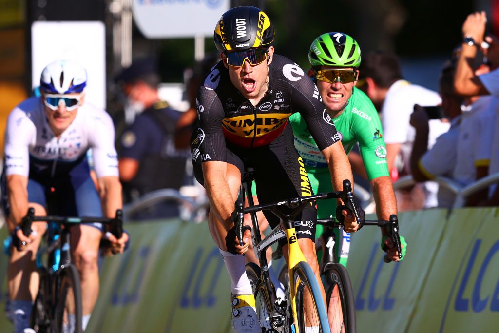 PARIS FRANCE JULY 18 Wout Van Aert of Belgium and Team JumboVisma celebrates at arrival during the 108th Tour de France 2021 Stage 21 a 1084km stage from Chatou to Paris Champslyses LeTour TDF2021 on July 18 2021 in Paris France Photo by Michael SteeleGetty Images