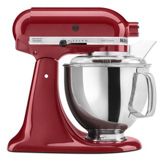 An empire red KitchenAid stand mixer on a white background