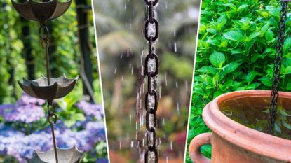 composite of three different types of rain chain in gardens