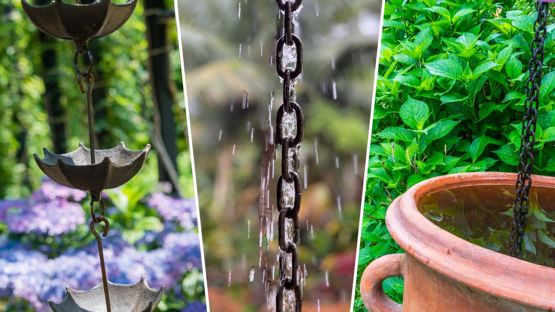  composite of three different types of rain chain in gardens 