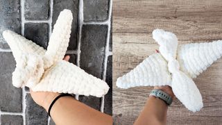 two examples of white crocheted origami cranes