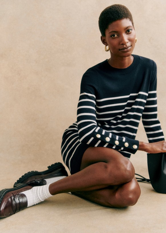 Paola Dress - Navy / Ecru - Merino Wool - S&amp;eacute;zane