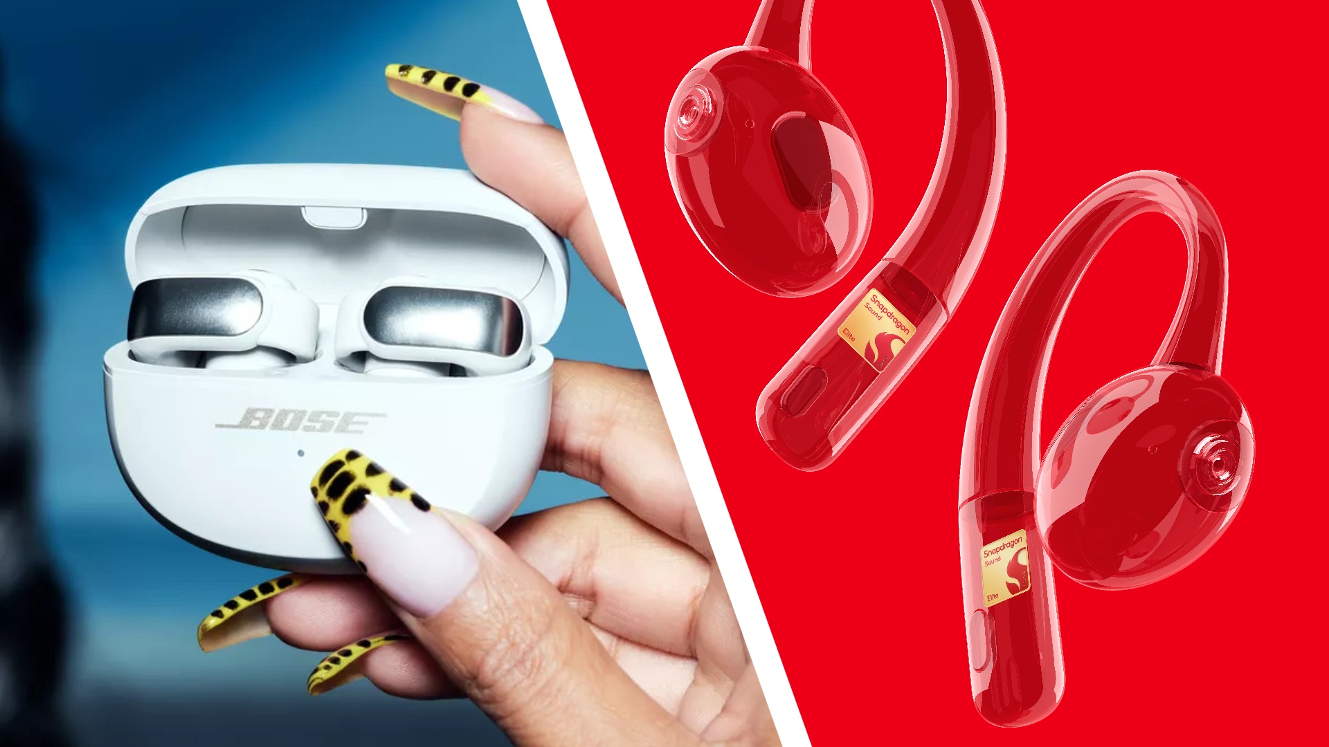 The Bose Ultra Open earbuds alongside key art for the Snapdragon Sound Elite Gen 2