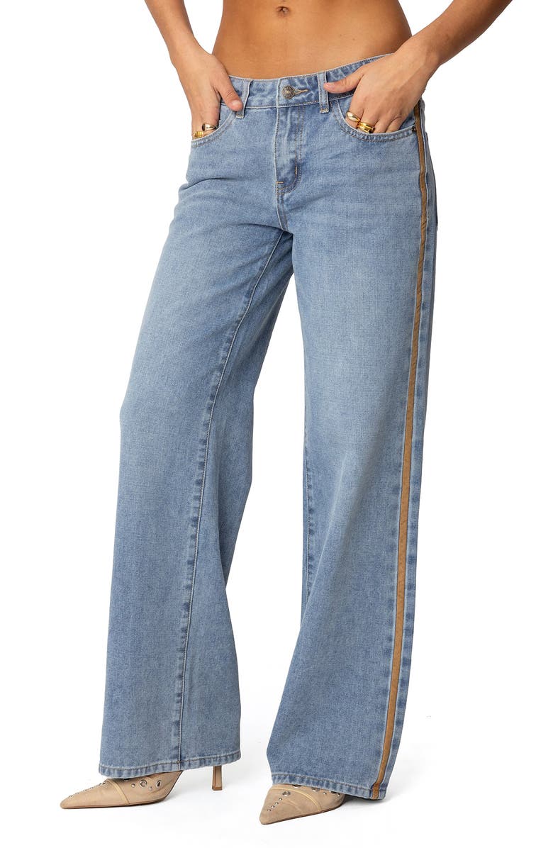 Faux Suede Stripe Low Rise Wide Leg Jeans