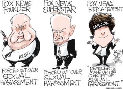 Political Cartoon U.S. Roger Ailes Bill O’Reilly Tucker Carlson Fox News Sexual Harassment