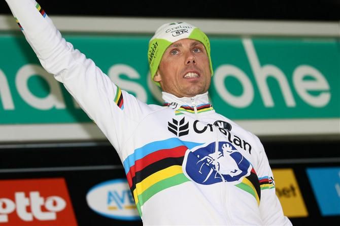 World champion Sven Nys (Creland-KDL) on the top step of the podium at Superprestige Gavere