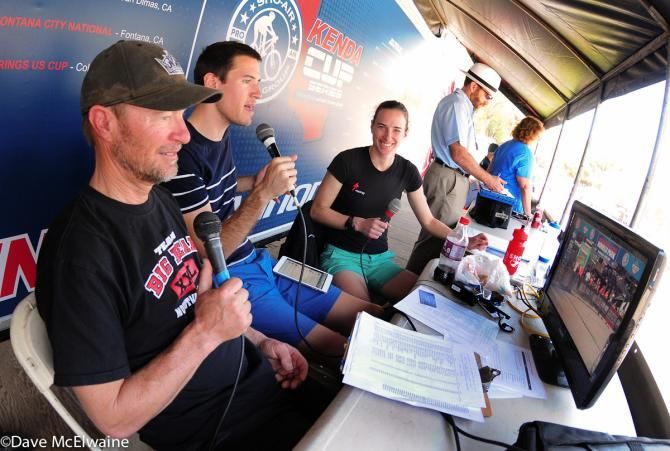 The race was streamed live across the globe with (L to R) Larry Longo, Colt McElwaine, and Lea Davison (Specialized)