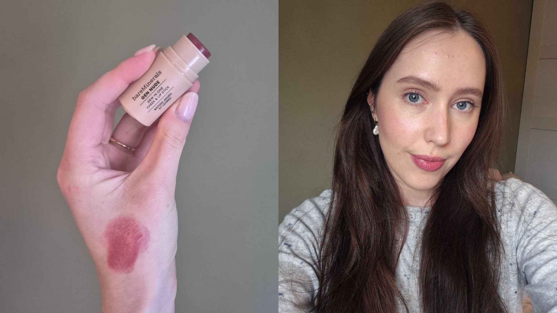On the left, Naomi's hand holding the bareMinerals GEN NUDE&amp;reg; Dew-In-One Cheek &amp;amp; Lip Stick in Berry Me In Merlot, and on the right, Naomi wearing the blush