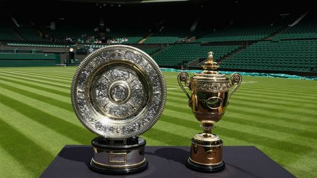 The Wimbledon women’s and men’s singles trophies on display at Centre Court 