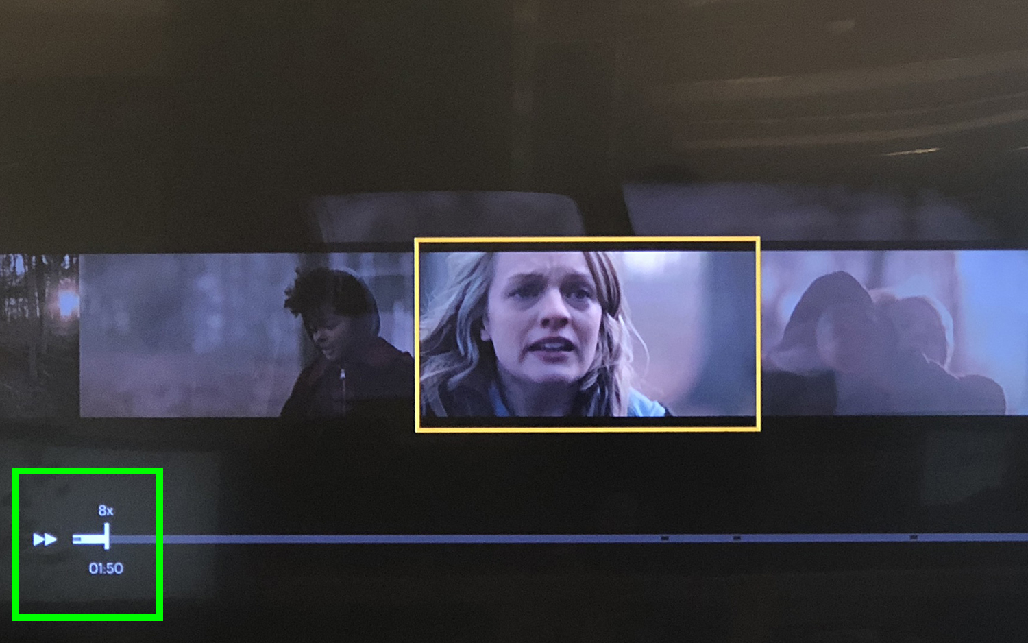 The Fire TV Stick interface fast-forwarding through The Handmaid's Tale