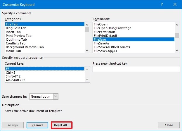 Microsoft Word reset all keyboard shortcut settings