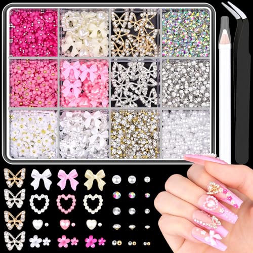 3d Nail Charms and Gems Set 7, 20pcs Chunky Butterfly Charms + 75pcs Coquette Nail Bows and Hearts + 3d Flowers for Nails With Rhinestones, Pearls, Diamonds and Picker Tools for Y2k Nail Decor