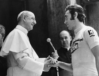 Pope Paul VI shaking the hand of champion cyclist Eddy Merckx prior to the start of the Tour of Italy race Vatican City Rome May 16th 1974 Photo by KeystoneHulton ArchiveGetty Images