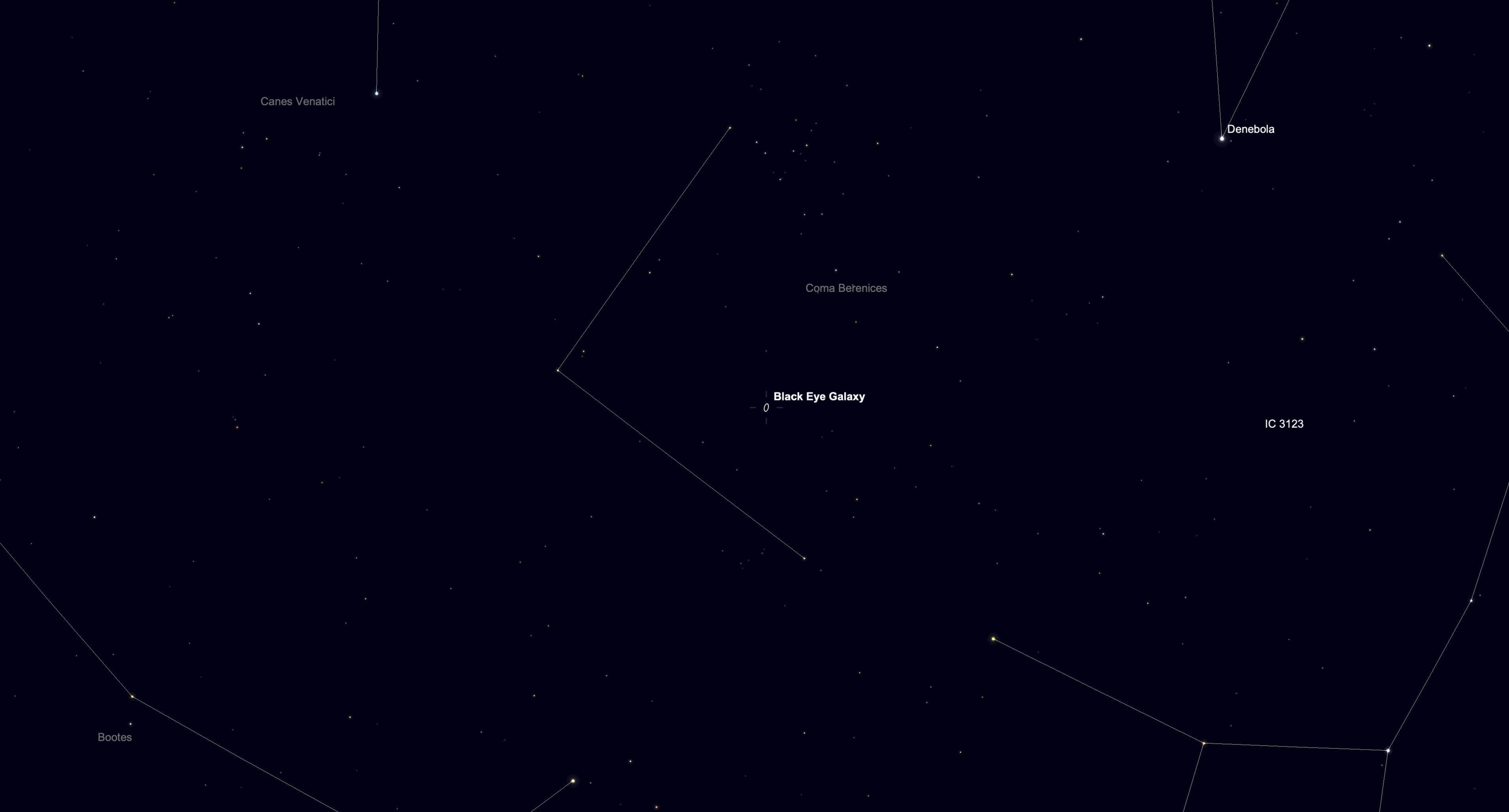 Star chart locating the Black Eye Galaxy (M64) in Coma Berenices, surrounded by faint background stars.