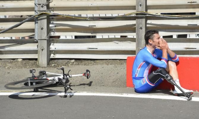 Jiri Jezek after winning the gold medal in the men's individual C4 time trial road cycling finals in London Paralympics in 2012