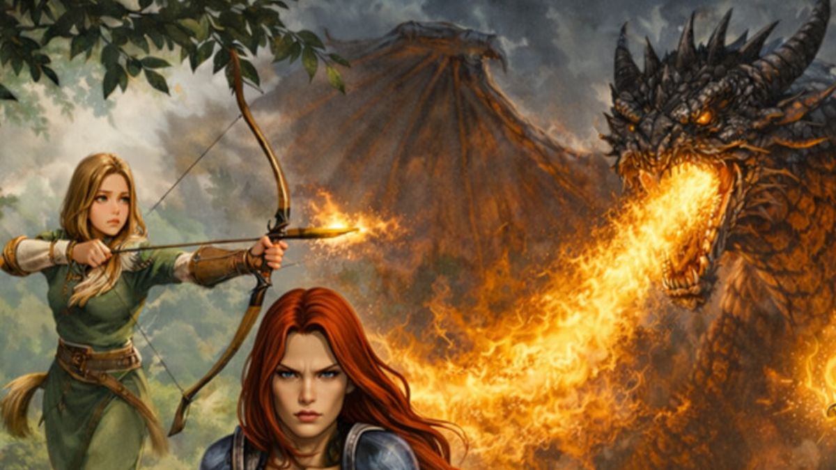 An archer points a burning arrow at a dragon
