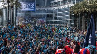 A crowd outside of BlizzCon 2023 at the Anaheim Convention Center.