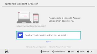 Creating a new Nintendo Account and sending instructions via email