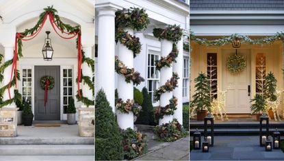 Outdoor Christmas decor ideas. Decorated porch with ribbon and foliage. Porch with foliage wrapped around pillar. Front porch decorated with christmas lights.
