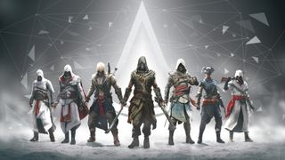 Assassin's Creed protagonists from across the series stand in a row