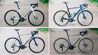 A collage of four road bikes, each standing on a paved surface