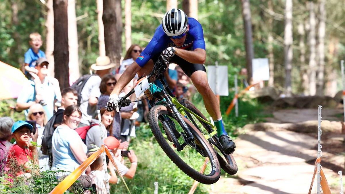 Namibia&#039;s bronze medallist Alexander Miller races in the Men&#039;s Cross-country mountain bike event on day six of the Commonwealth Games at Cannock Chase