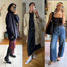 collage of Irene Kim Fritz wearing beachwear for fall