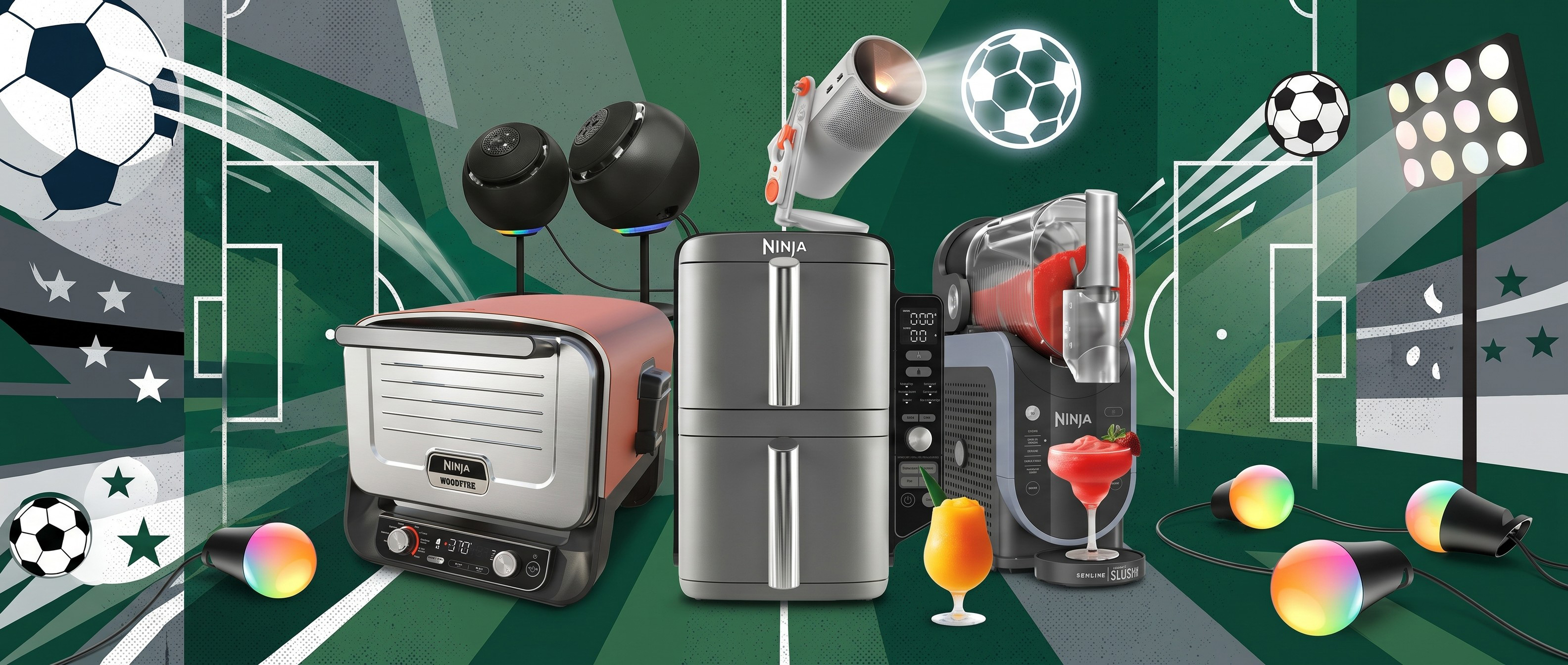 Selection of Ninja cooking gadgets, plus a projector and some smart lights, against a football field background