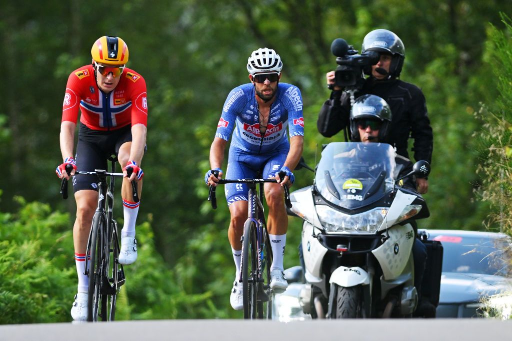 LA ROCHEENARDENNE BELGIUM JULY 24 LR Markus Hoelgaard of Norway and Team UnoX Mobility and Jimmy Janssens of Belgium and Team Alpecin Deceuninck compete in the breakaway during the 45th Tour de Wallonie 2024 Stage 3 a 19263km stage from Arlon to La RocheenArdenne on July 24 2024 in La RocheenArdenne Belgium Photo by Luc ClaessenGetty Images