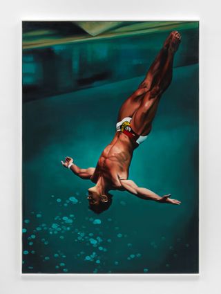 Painting of diver Greg Louganis in action