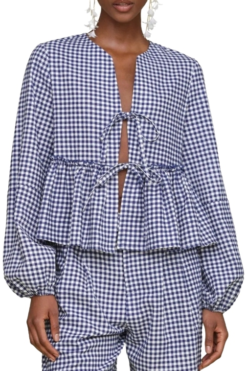 Tie Front Gingahm Linen Blend Top