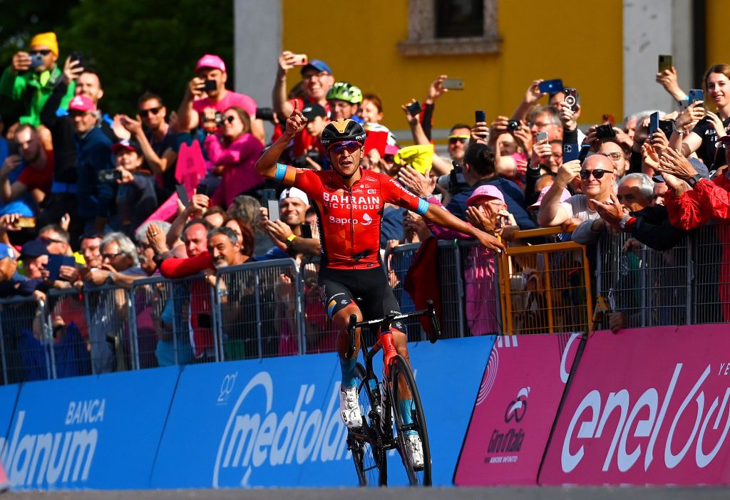 LAVARONE ITALY MAY 25 Santiago Buitrago Sanchez of Colombia and Team Bahrain Victorious celebrates winning during the 105th Giro dItalia 2022 Stage 17 a 168 km stage from Ponte di Legno to Lavarone 1161m Giro WorldTour on May 25 2022 in Lavarone Italy Photo by Tim de WaeleGetty Images