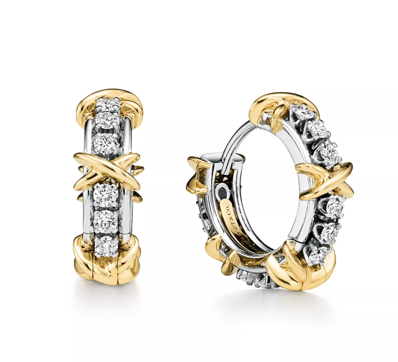 Tiffany &amp;amp; Co., Narrow Earrings in Platinum &amp;amp; Yellow Gold with Diamonds