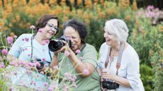 Three retired women with cameras laugh together as one takes an up-close photo of flowers.