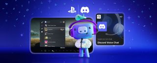 The Discord mascot stood in front of a screenshot of the new PS5 Discord user interface.