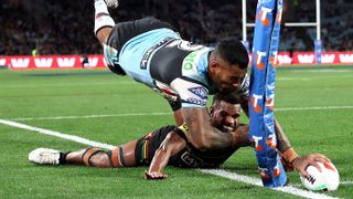 Sione Katoa of the Sharks scores a try during the NRL Preliminary Final match between the Penrith Panthers and the Cronulla Sharks