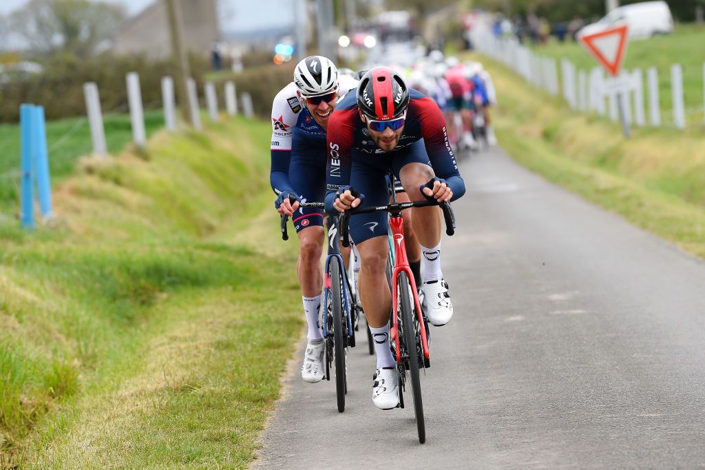 LE LUDE FRANCE APRIL 06 LR Tim Declercq of Belgium and Team QuickStep Alpha Vinyl and Filippo Ganna of Italy and Team INEOS Grenadiers attack during the 68th Circuit Cycliste Sarthe Pays de la Loire 2022 Stage 2 a 1747km stage from Le Lude to Le Lude CircuitSarthe on April 06 2022 in Le Lude France Photo by Dario BelingheriGetty Images