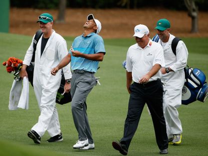 Tiger Woods laughing Masters practice Mark O'Meara