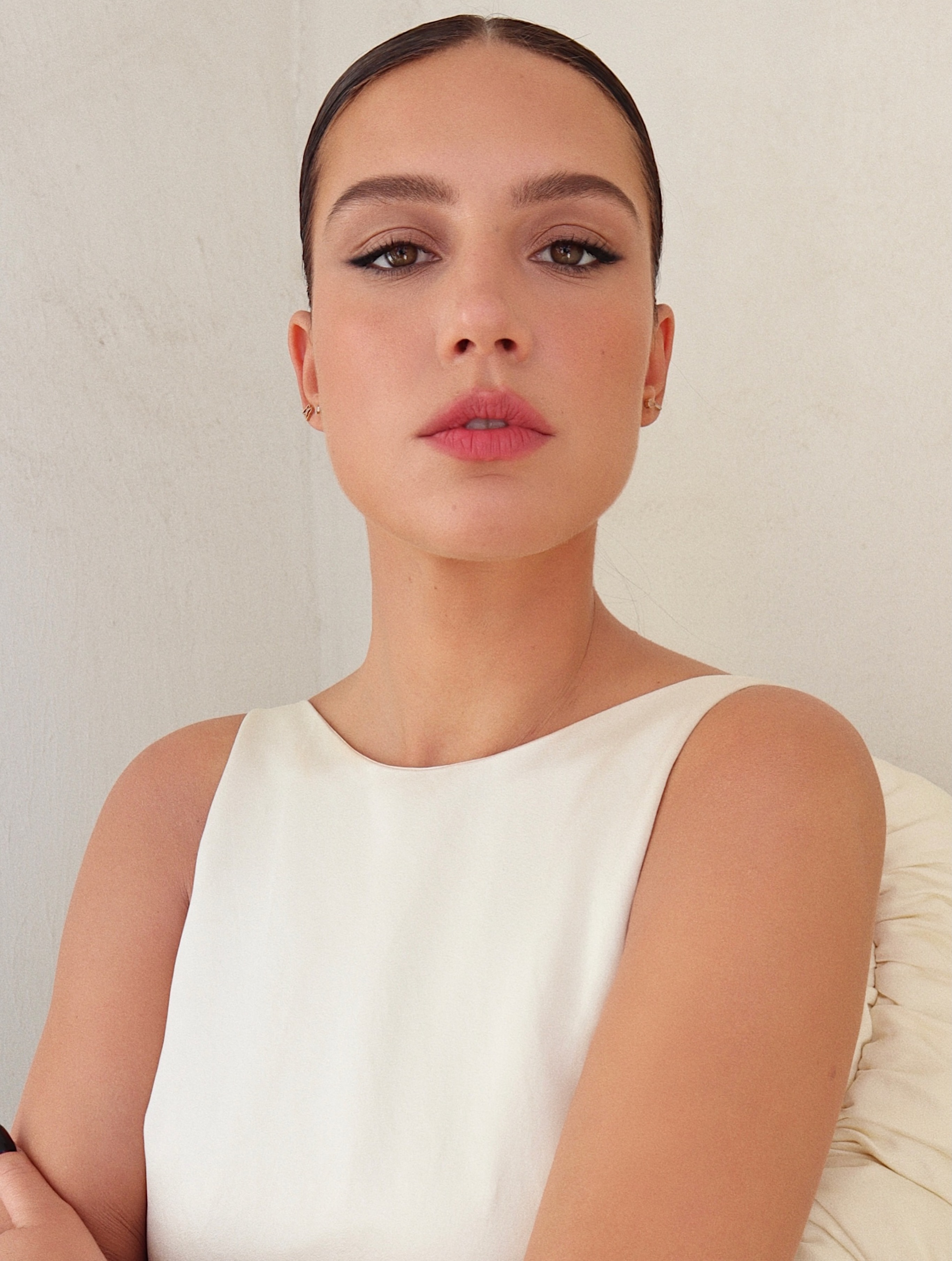 A woman with blurred lips.