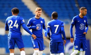 Chelsea’s Timo Werner (second left) before the pre-season friendly at the AMEX Stadium in Brighton where up to 2500 fans have been allowed in to watch the match after the Government announced a further batch of sporting events that will be used to pilot the safe return of spectators