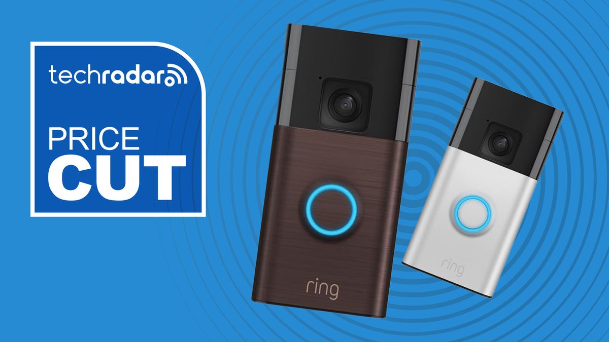 Two Ring video doorbells on blue background with white text reading &#039;TechRadar Price Cut&#039;