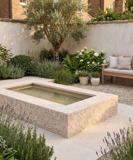 raised water feature in a small courtyard garden with olive tree in the corner