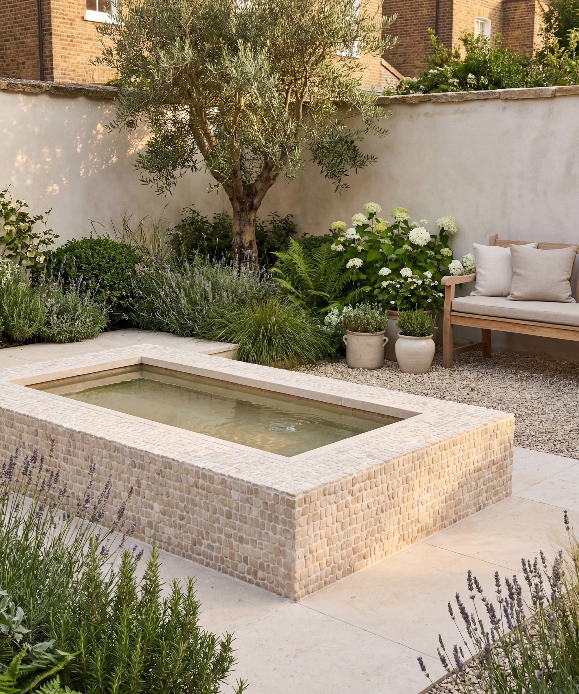 raised water feature in a small courtyard garden with olive tree in the corner