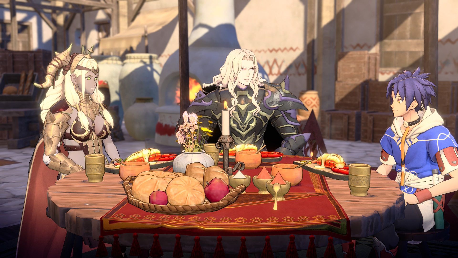 Dietrich, Theodora, y Cai cenan en Fire Emblem: Fortune's Weave