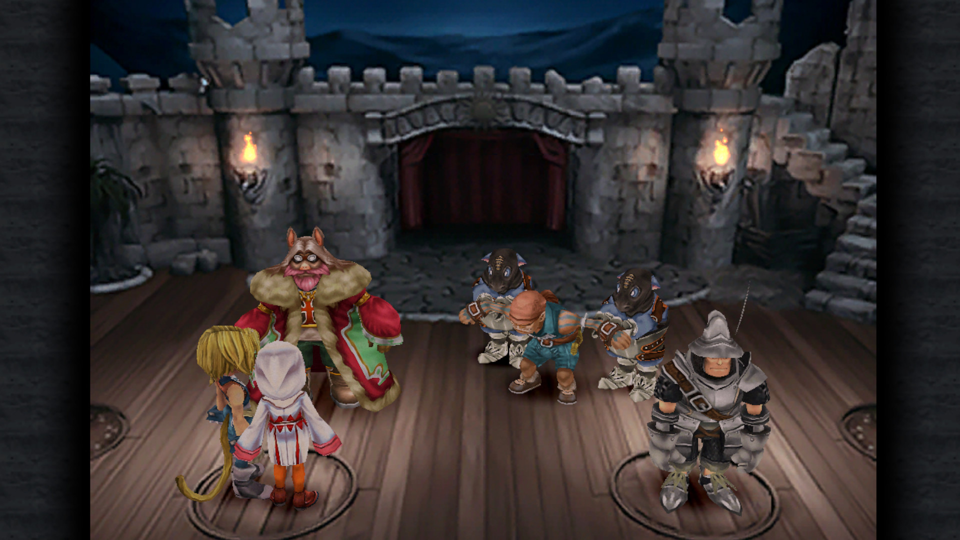 A party standing in front of the gates to a castle during the RPG Final Fantasy 9