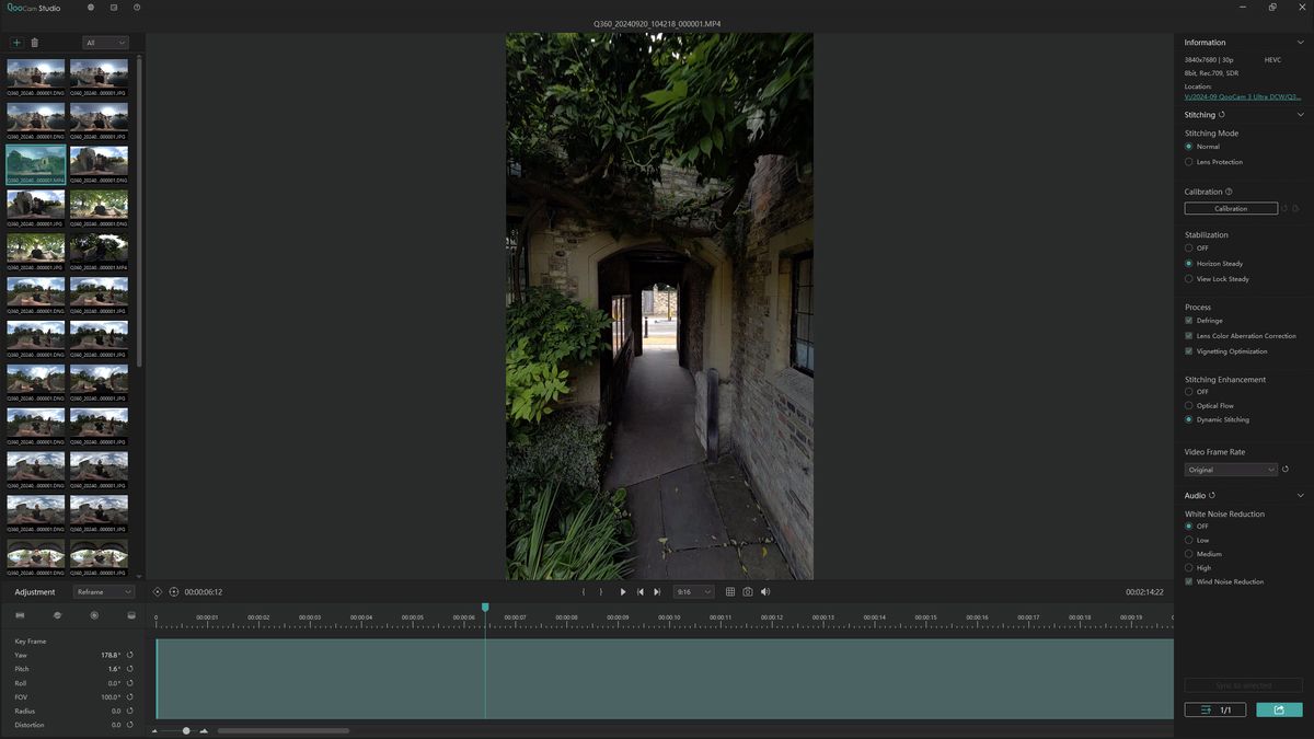 Screenshot of the Kandao QooCam 3 Ultra action camera editing software showing a building archway outside