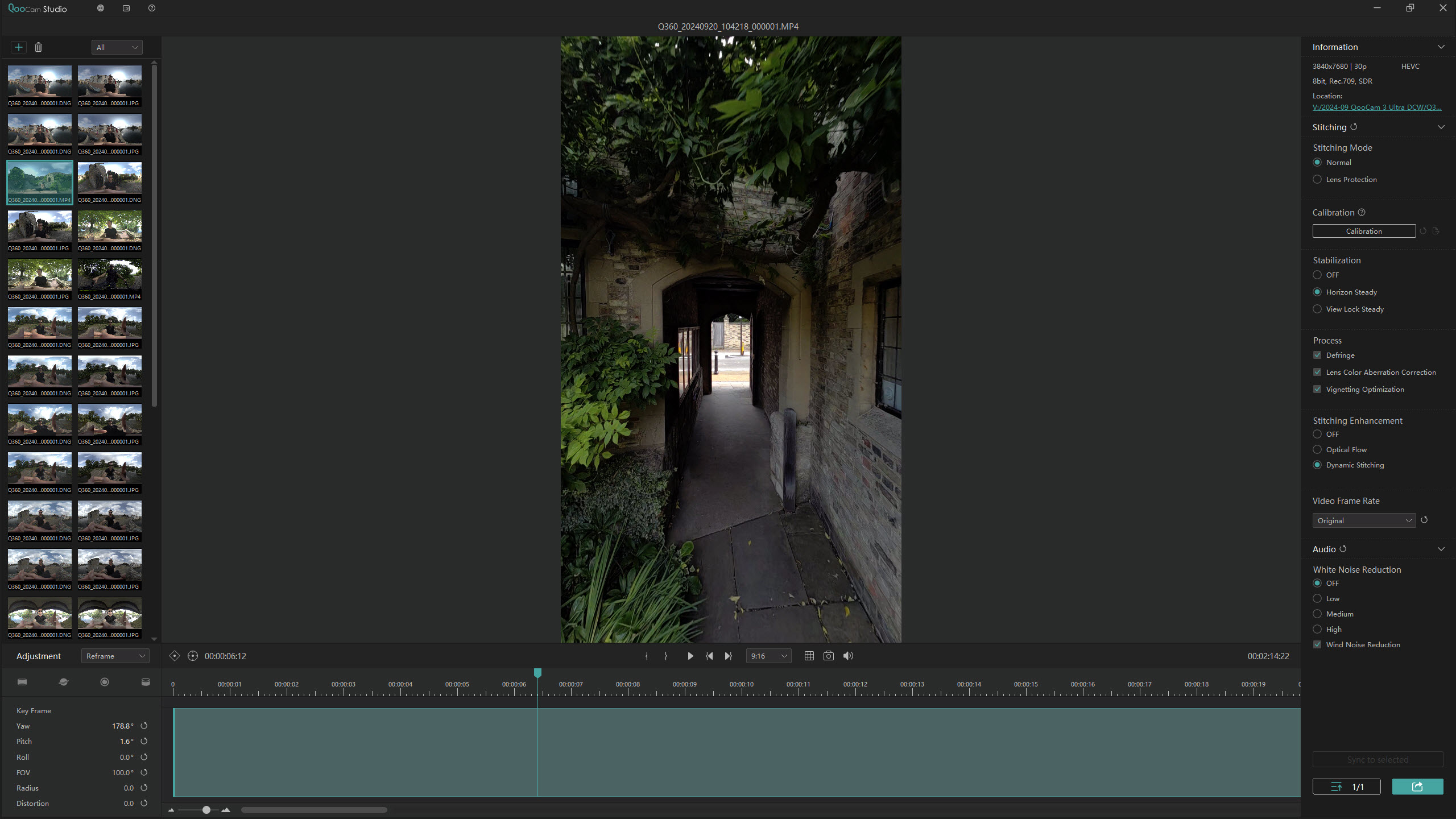 Screenshot of the Kandao QooCam 3 Ultra action camera editing software showing a building archway outside