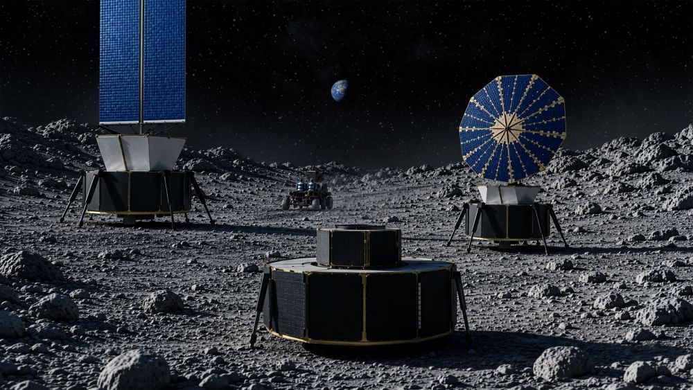 three robotic landers stand on the surface of the moon