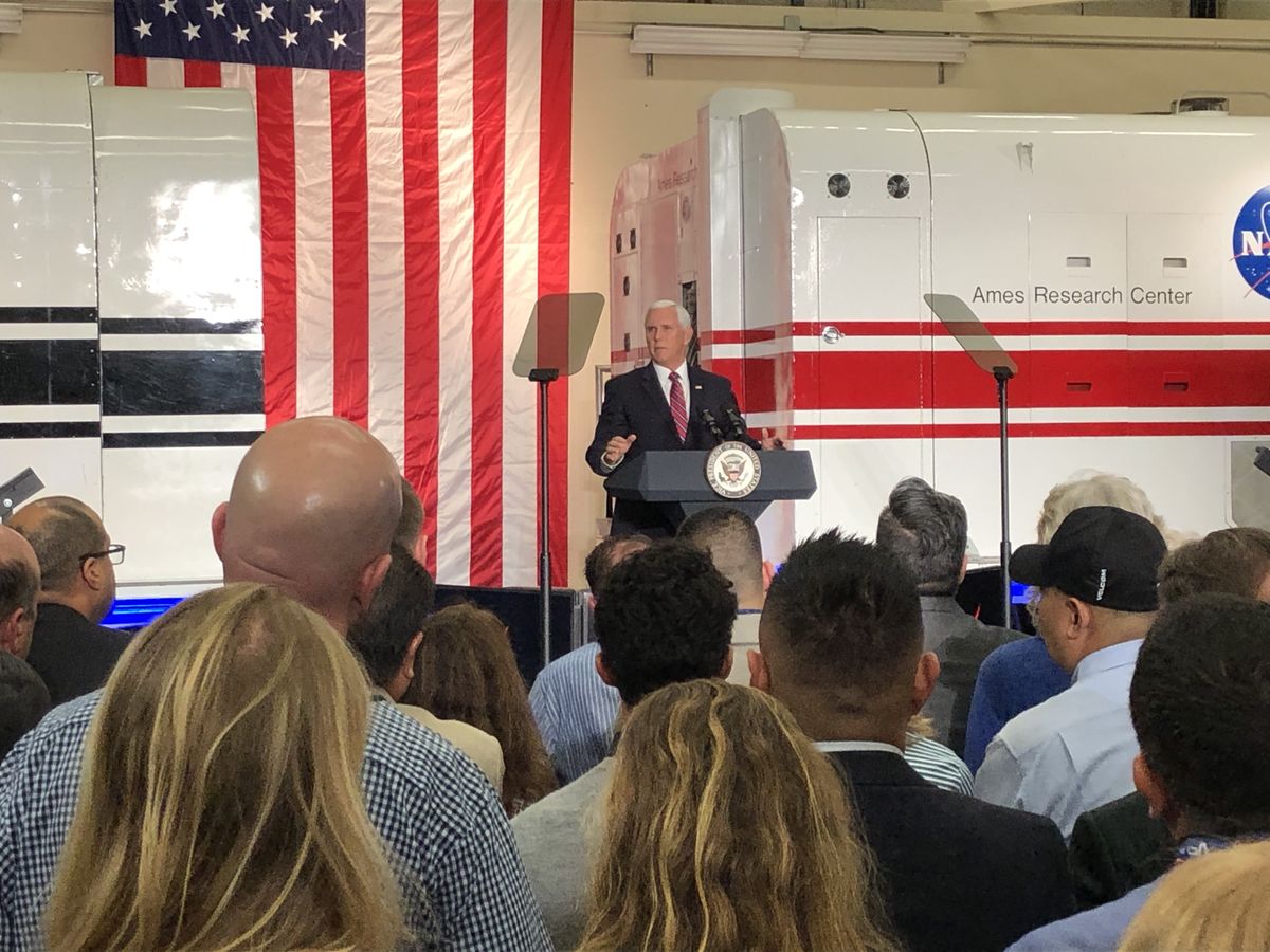 Vice President Mike Pence talks about space exploration during a Nov. 14, 2019, talk at NASA&#039;s Ames Research Center in Silicon Valley.