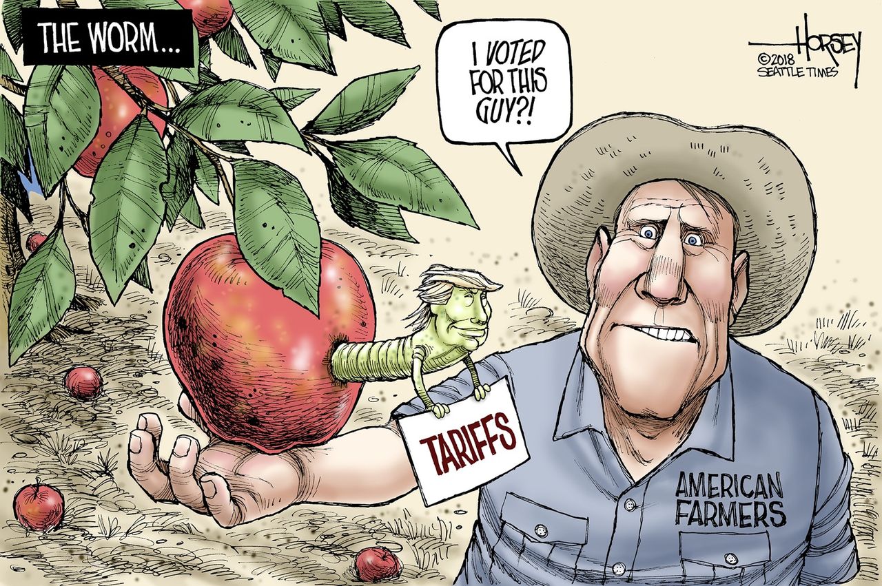 Political cartoon U.S. Trump farmers tariffs agriculture economy